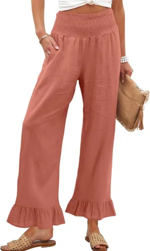 Wide Leg Linen Pants for Women Smocked High Waisted Ruffle Palazzo Pants with Pockets Cropped Flowy Boho Beach Pant
