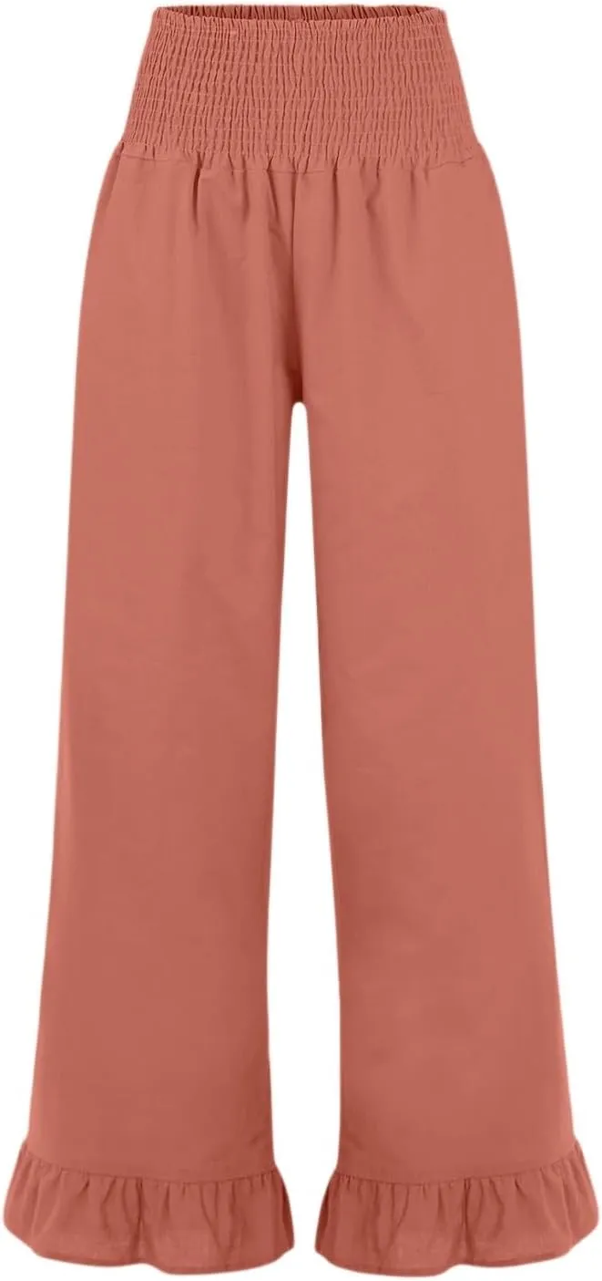 Wide Leg Linen Pants for Women Smocked High Waisted Ruffle Palazzo Pants with Pockets Cropped Flowy Boho Beach Pant