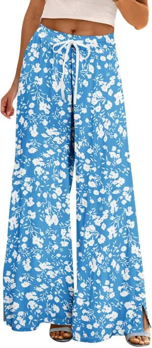 Wide Leg Palazzo Pants for Women with Pockets Drawsting Business Causal Pant Summer for Beach Relaxed Travel Trousers