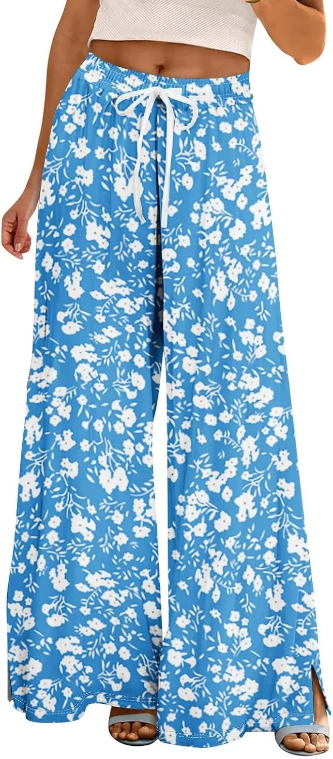 Wide Leg Palazzo Pants for Women with Pockets Drawsting Business Causal Pant Summer for Beach Relaxed Travel Trousers
