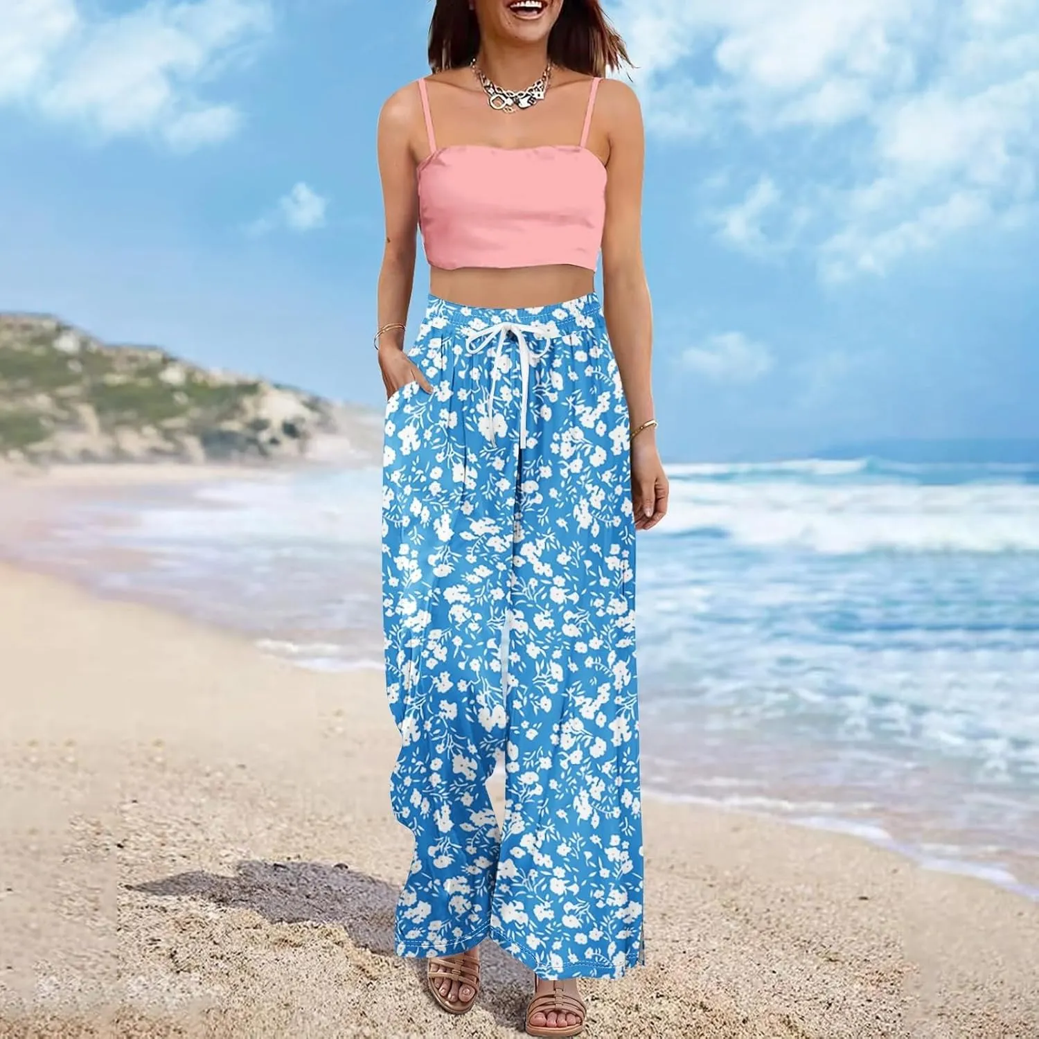 Wide Leg Palazzo Pants for Women with Pockets Drawsting Business Causal Pant Summer for Beach Relaxed Travel Trousers