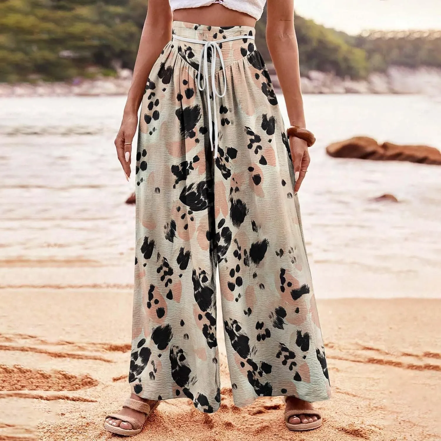 Wide Leg Pants for Women Vintage Floral Printed Casual Summer High Waisted Lounge Flowy Beach Palazzo Trousers