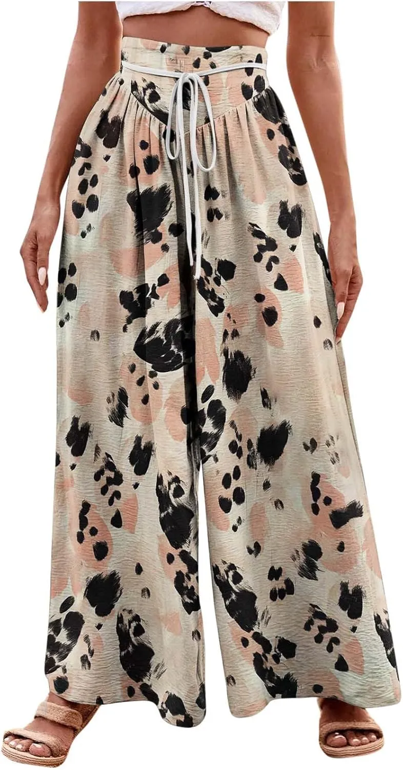 Wide Leg Pants for Women Vintage Floral Printed Casual Summer High Waisted Lounge Flowy Beach Palazzo Trousers