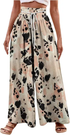 Wide Leg Pants for Women Vintage Floral Printed Casual Summer High Waisted Lounge Flowy Beach Palazzo Trousers