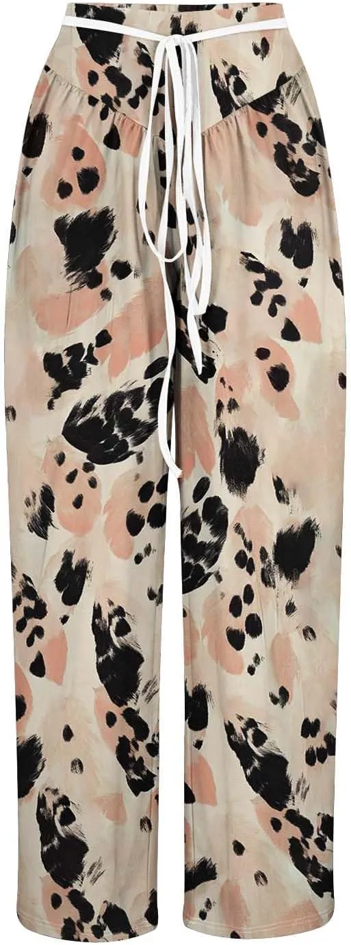 Wide Leg Pants for Women Vintage Floral Printed Casual Summer High Waisted Lounge Flowy Beach Palazzo Trousers