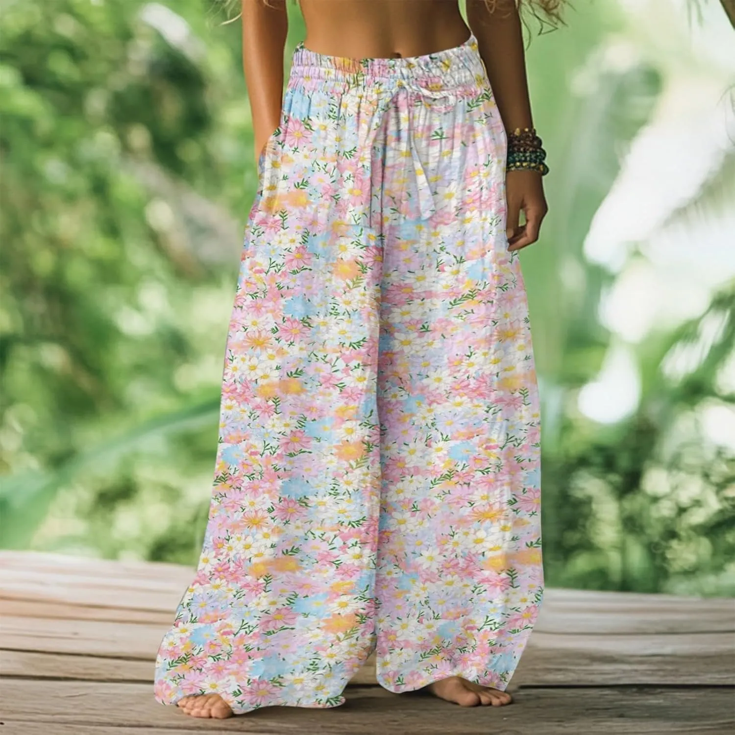 Wide Leg Pants Woman Floral Dress Summer Boho Palazzo Pants High Waist Floral Casual Lounge Trousers with Pockets