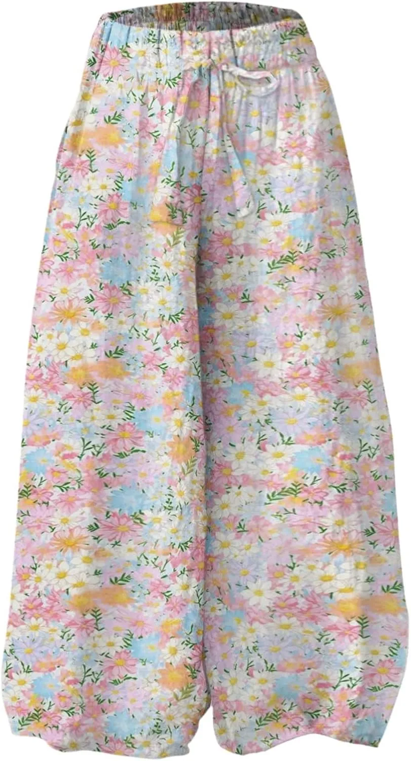 Wide Leg Pants Woman Floral Dress Summer Boho Palazzo Pants High Waist Floral Casual Lounge Trousers with Pockets