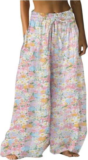 Wide Leg Pants Woman Floral Dress Summer Boho Palazzo Pants High Waist Floral Casual Lounge Trousers with Pockets