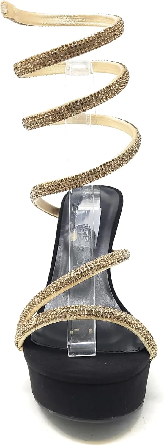 Wild Diva Women's Liz-34 Rhinestone Wrap Around Coil Spiral Embellished Straps & Heels Platform Stiletto Heels Sandals