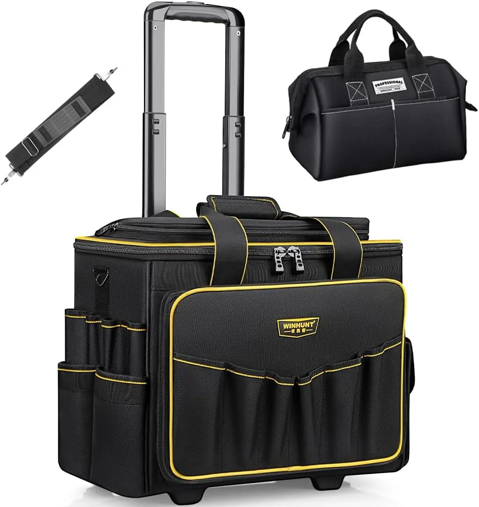 WINNHUNT 18inch Wide Mouth Rolling Tool Bag, 32 Pocket Tool Trolley Bag with Telescopic Handle and 2 Wheels, Black