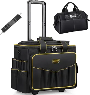 WINNHUNT 18inch Wide Mouth Rolling Tool Bag, 32 Pocket Tool Trolley Bag with Telescopic Handle and 2 Wheels, Black