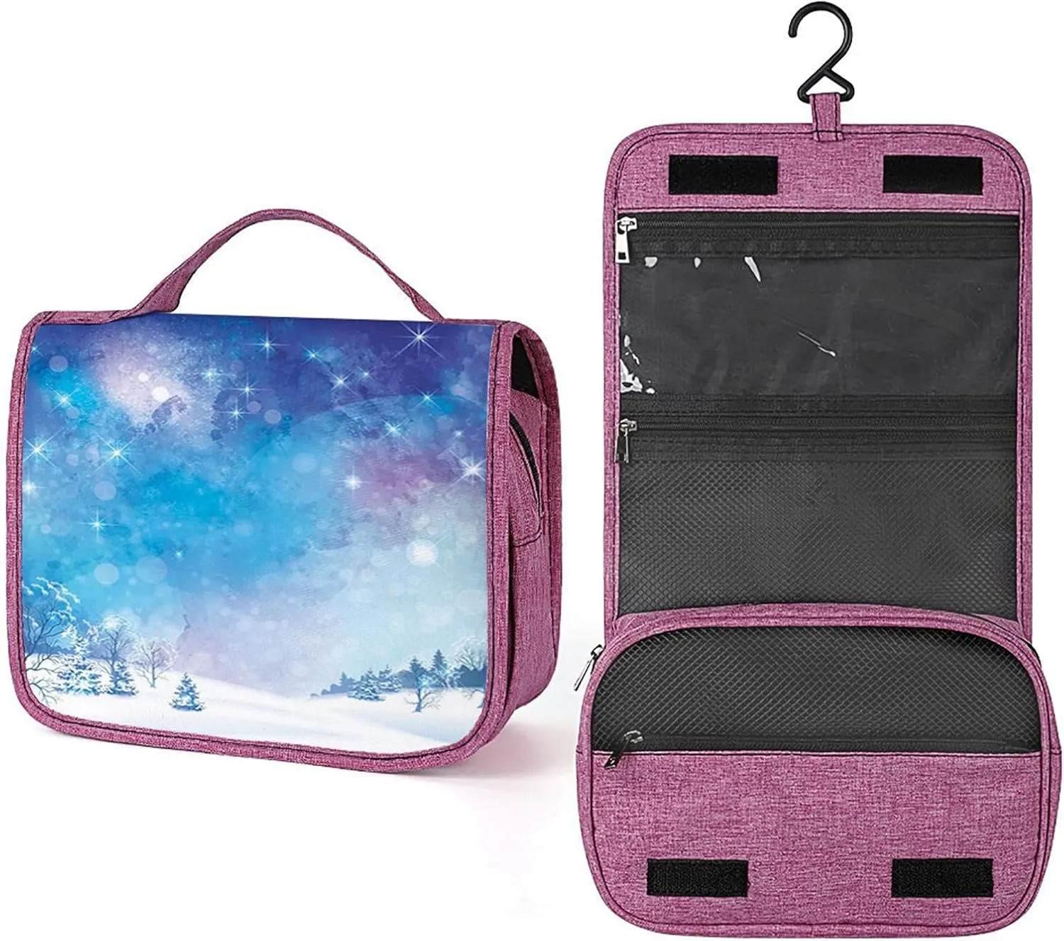 Winter Theme,Travel Toiletry Hanging Bag Waterproof Bags,Snow Winter Scenery Trees,Makeup bag Organizers, Cosmetic Travel-Sized Container,Large Capacity for Women,Blue White