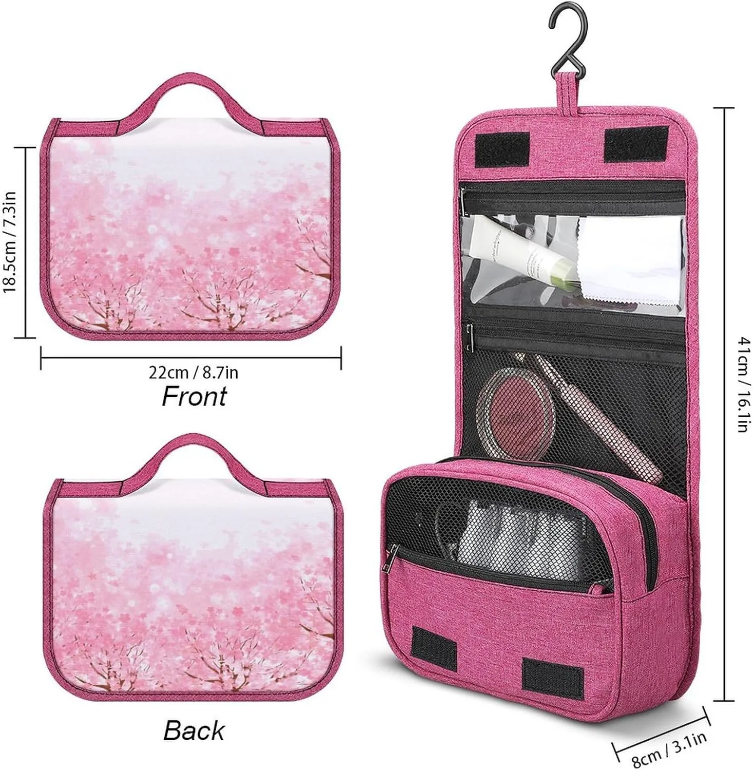 Winter Theme,Travel Toiletry Hanging Bag Waterproof Bags,Snow Winter Scenery Trees,Makeup bag Organizers, Cosmetic Travel-Sized Container,Large Capacity for Women,Blue White