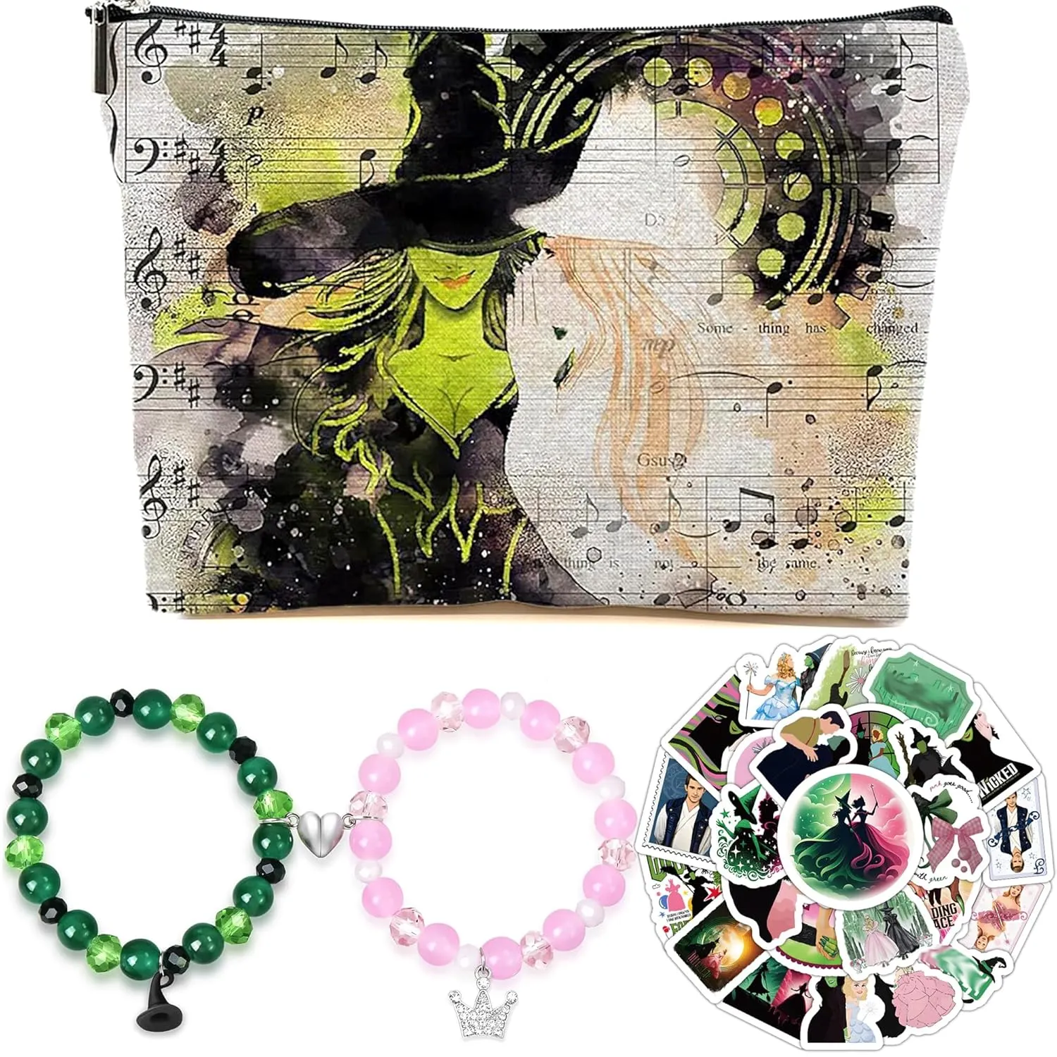 Witch Cosmetic Bag Elphaba And Glinda Fans Gift Set, Including Makeup Bag, 50pcs Stickers, and 2pcs Friendship Bracelets for Women