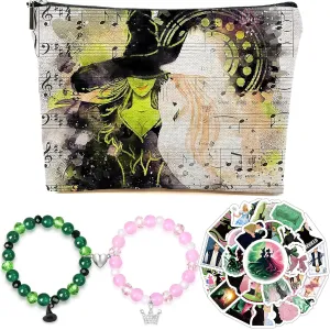 Witch Cosmetic Bag Elphaba And Glinda Fans Gift Set, Including Makeup Bag, 50pcs Stickers, and 2pcs Friendship Bracelets for Women