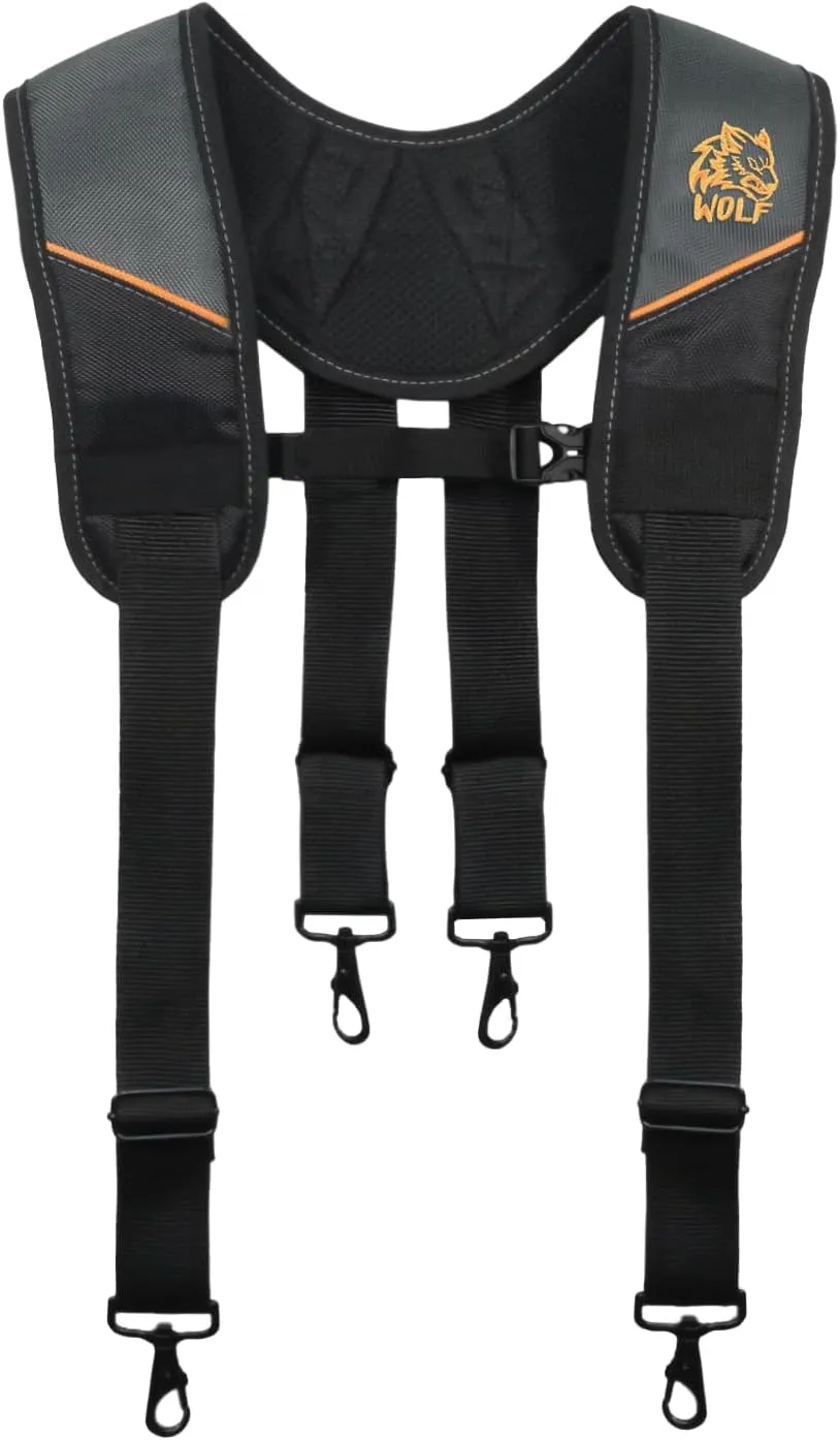 WOLF WTH2115 Padded 4-point Suspenders for Tool Work Belt | Universal Breathable Comfort Lightweight | Contractors Handyman | Pain Stress Relief Weight Distribution