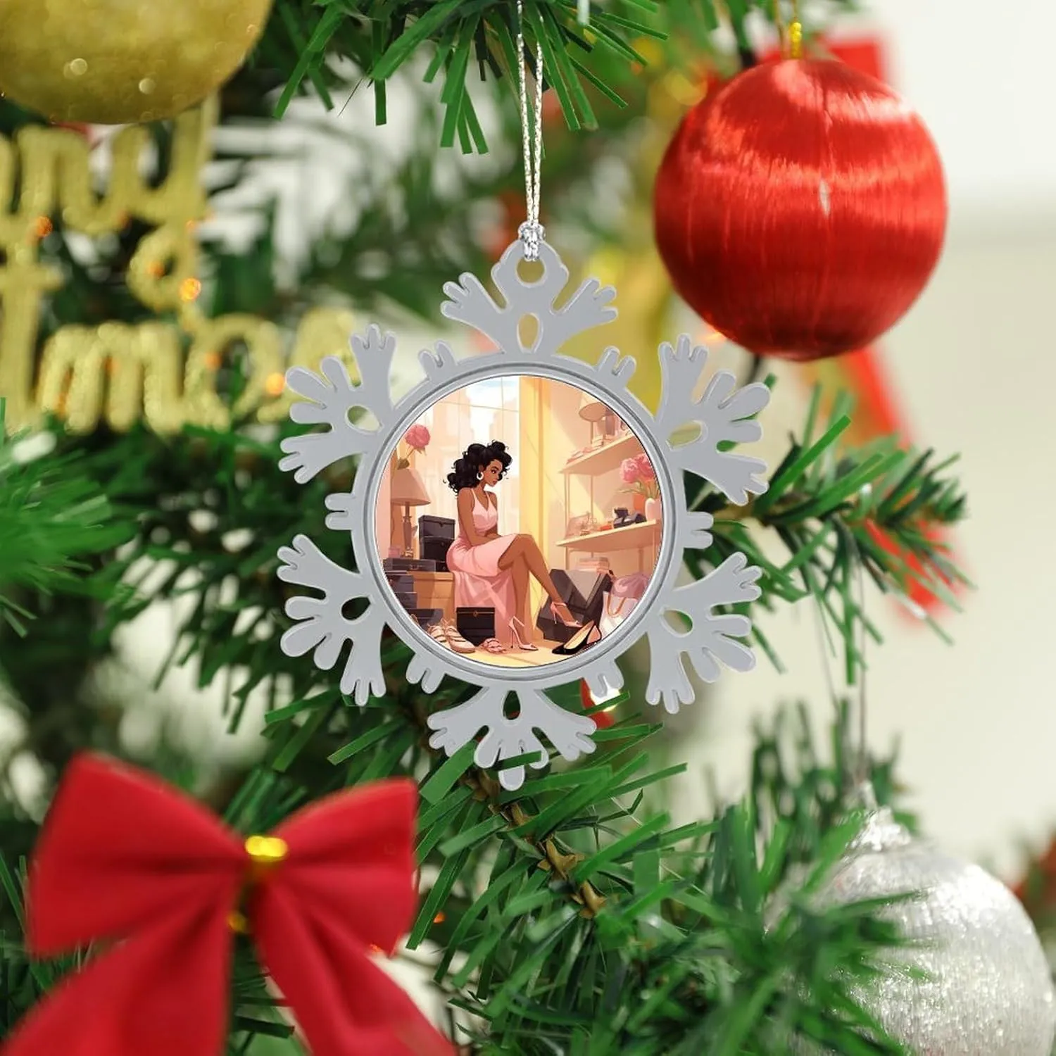 Woman with High Heel Shoes Luxury Christmas Hanging Snowflake Decorations Xmas Tree Snowflake Ornaments for New Year Party 3 PCS