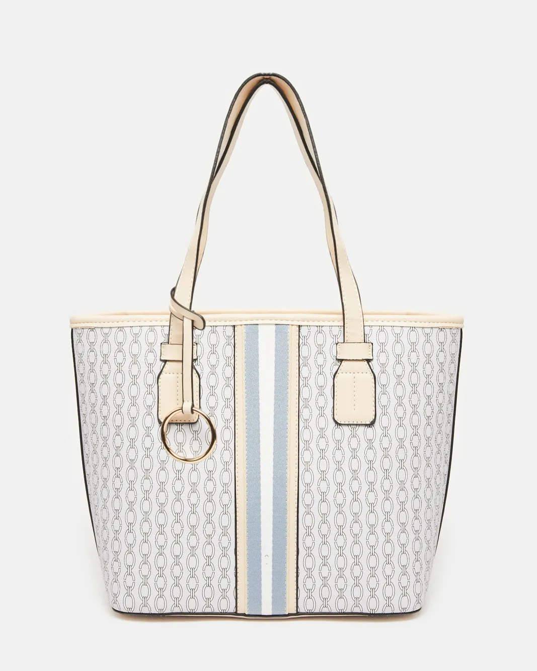 Women Blue And Beige Embellished Tote Bag