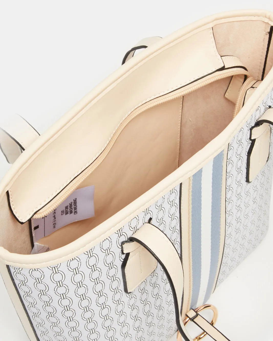 Women Blue And Beige Embellished Tote Bag