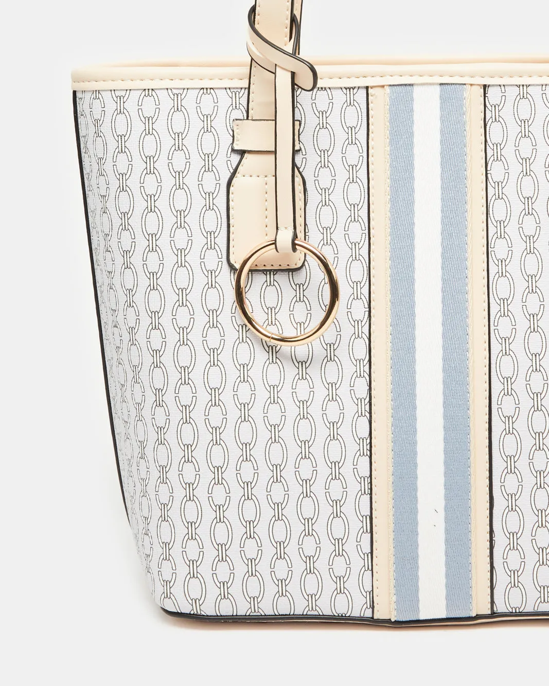 Women Blue And Beige Embellished Tote Bag
