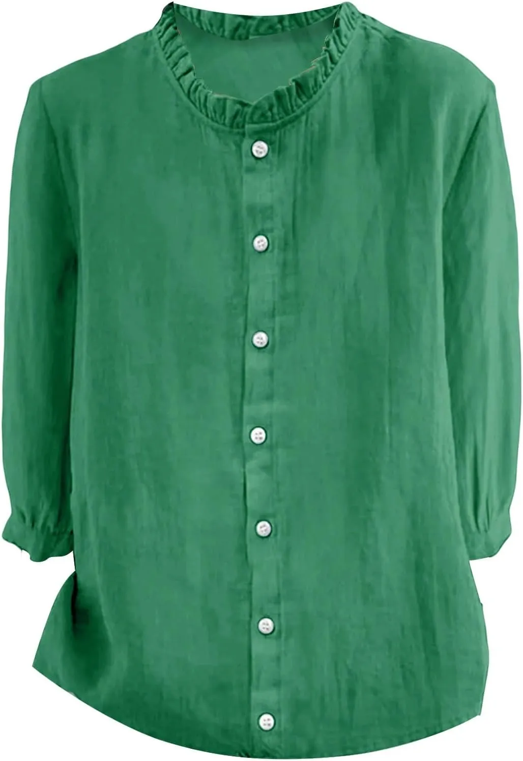 Women Cotton Linen Shirts Casual 3/4 Sleeve Frill Neck Pullover Blouses for Summer Dressy Solid Gauze Tunic Tops