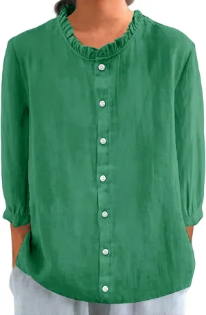 Women Cotton Linen Shirts Casual 3/4 Sleeve Frill Neck Pullover Blouses for Summer Dressy Solid Gauze Tunic Tops