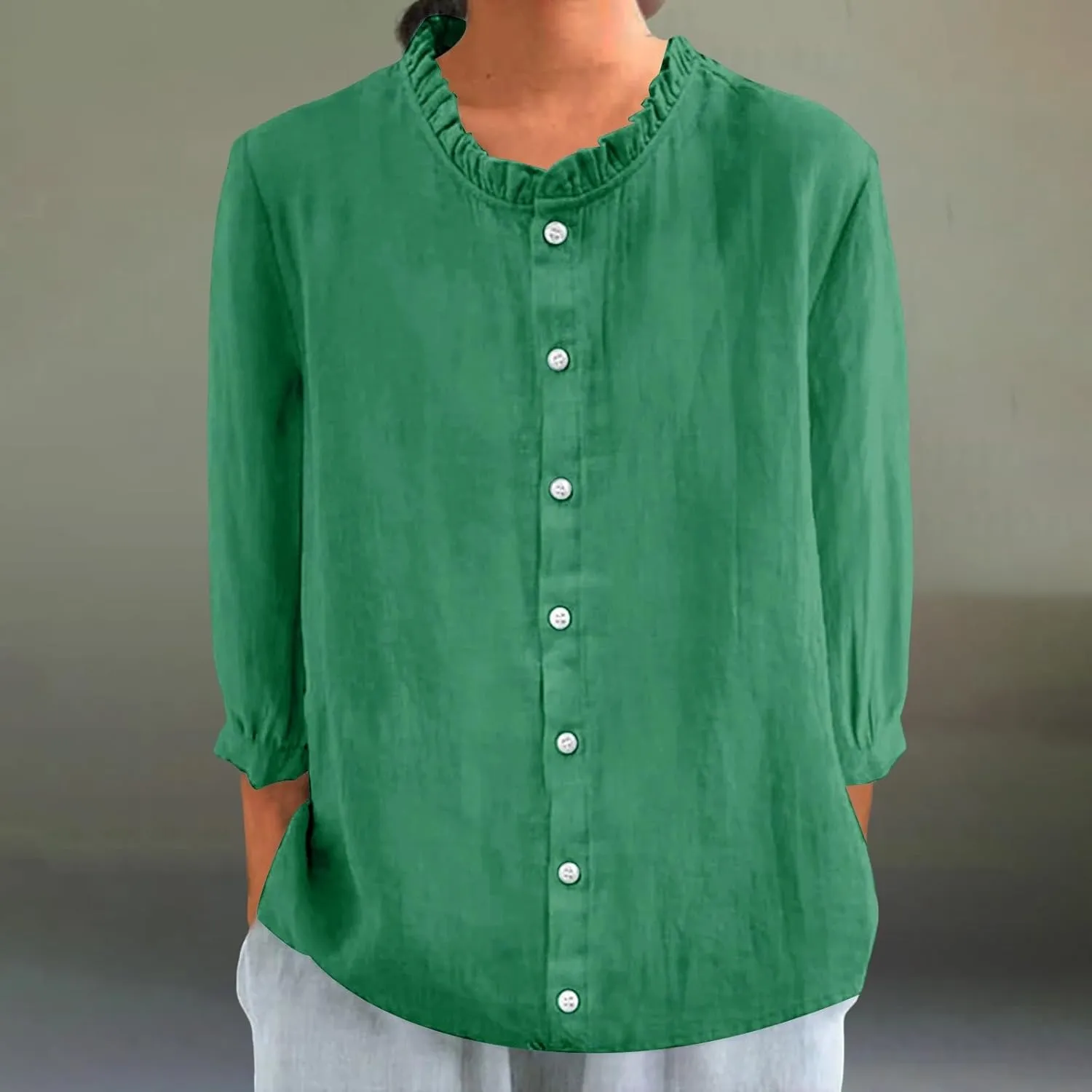 Women Cotton Linen Shirts Casual 3/4 Sleeve Frill Neck Pullover Blouses for Summer Dressy Solid Gauze Tunic Tops