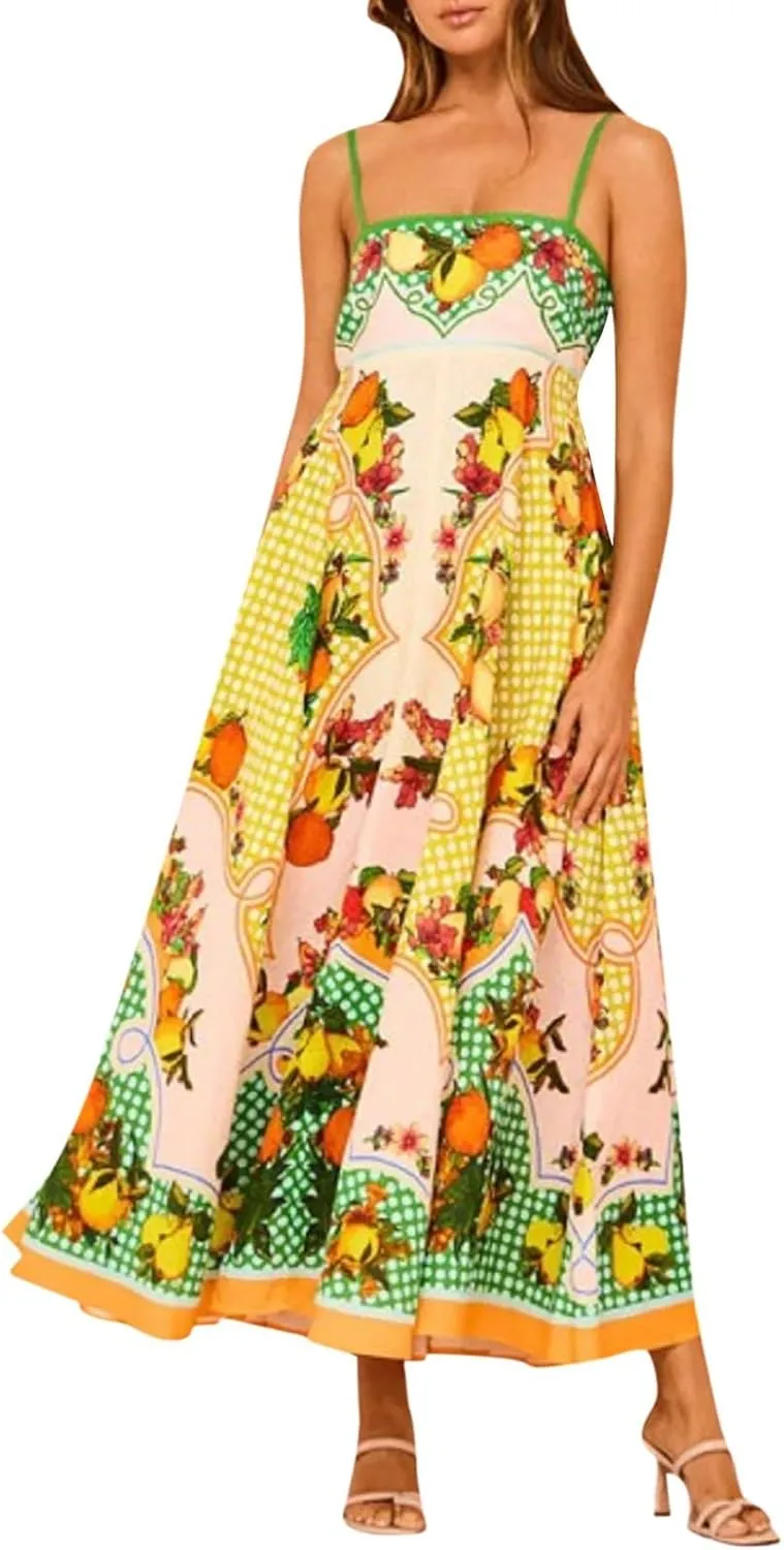 Women Dresses 2025 Cute Print Maxi Cami Dresses Sleeveless Casual Spaghetti Strap Graffiti Dress Vacation Dresses