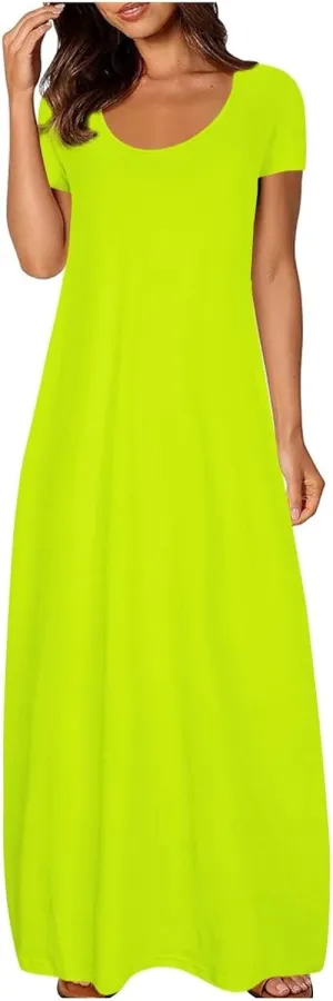 Women Eyelet Boho Maxi Dress 2025 Vacation Short Sleeve Sundress Round Neck Summer Casual Beach Flowy Long Dress