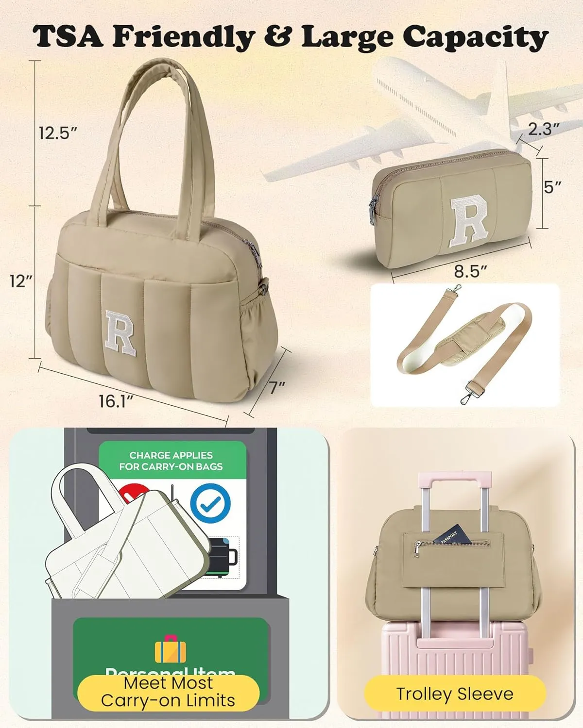 Women Gift, Initial Duffel Bag, Personalized Weekender Bag, Monogram Overnight Bag for Women, Travel Bag with Makeup Bag, Birthday Gifts for 4 5 6 7 8 9 10 11 12 13 Year Old Girls (Letter Z)