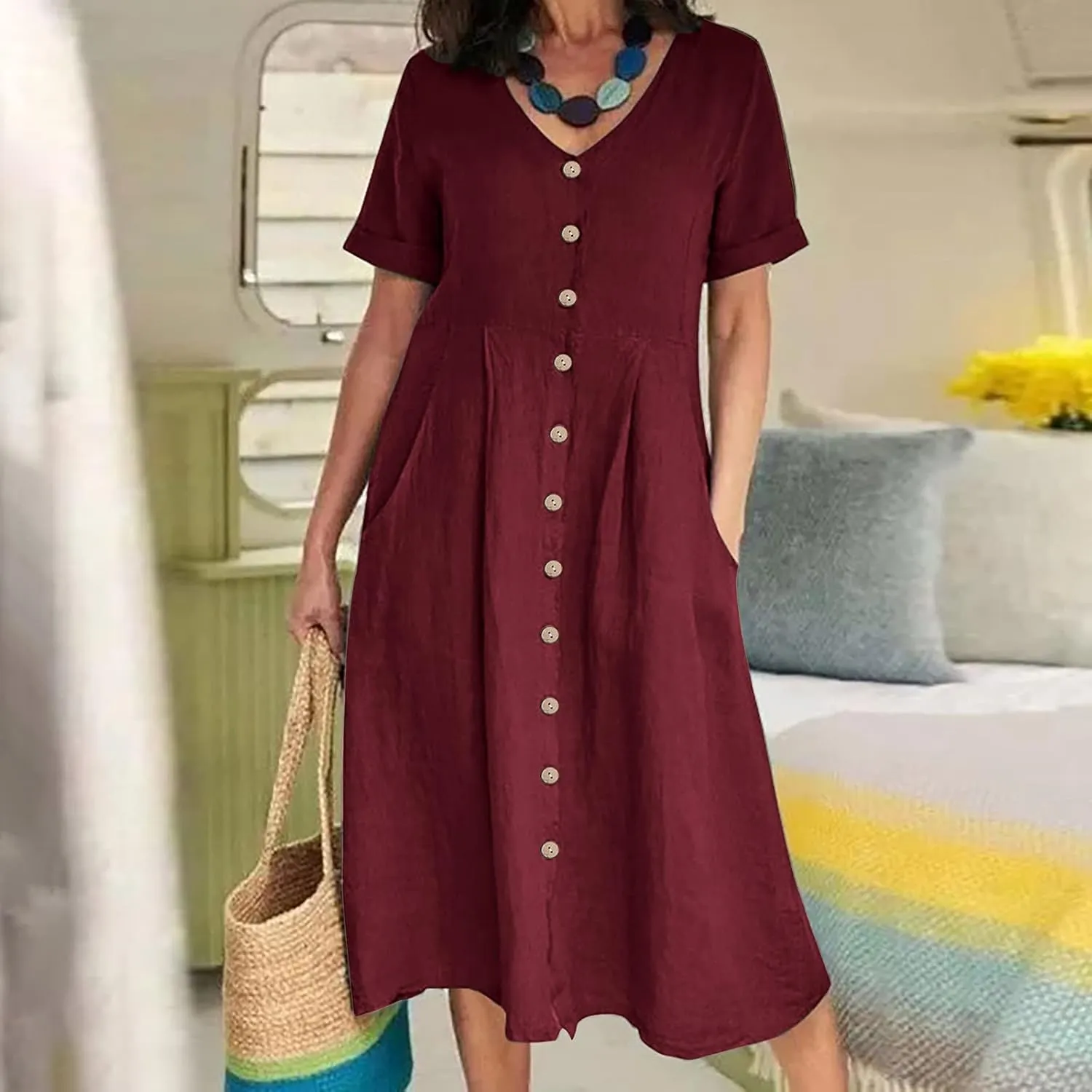 Women Linen Beach Dress Summer Casual Short Sleeve Button Down Long Dress Plus Size Loose Vacation Dress with Pockets