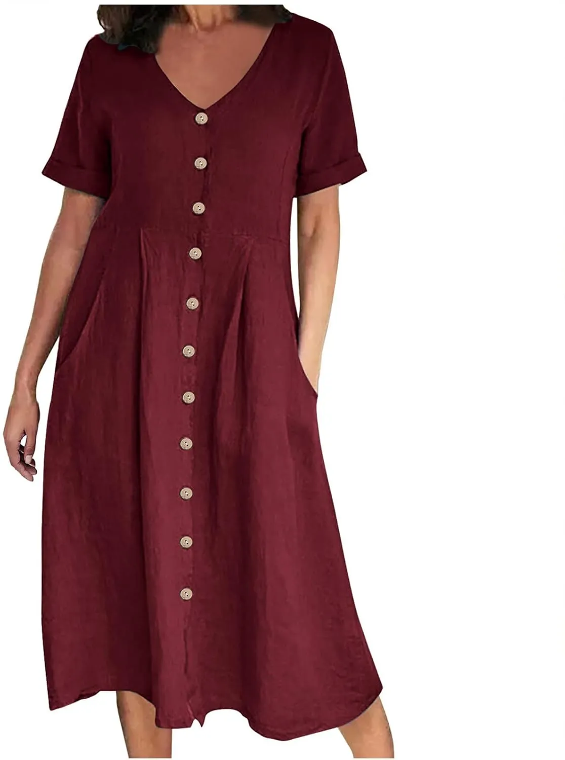 Women Linen Beach Dress Summer Casual Short Sleeve Button Down Long Dress Plus Size Loose Vacation Dress with Pockets