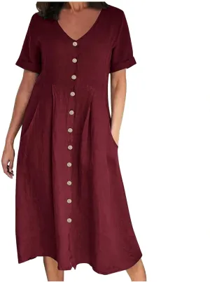 Women Linen Beach Dress Summer Casual Short Sleeve Button Down Long Dress Plus Size Loose Vacation Dress with Pockets