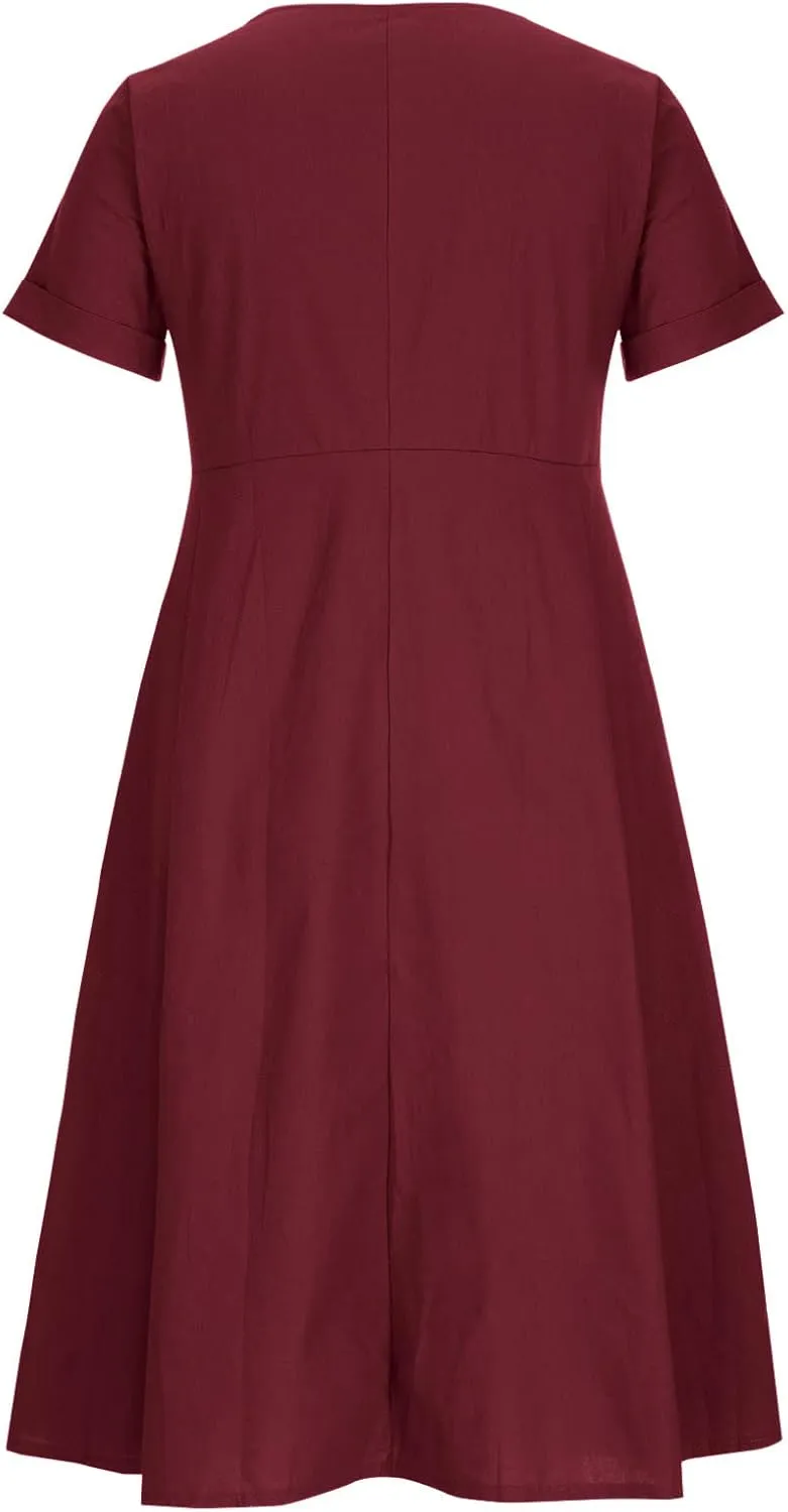 Women Linen Beach Dress Summer Casual Short Sleeve Button Down Long Dress Plus Size Loose Vacation Dress with Pockets