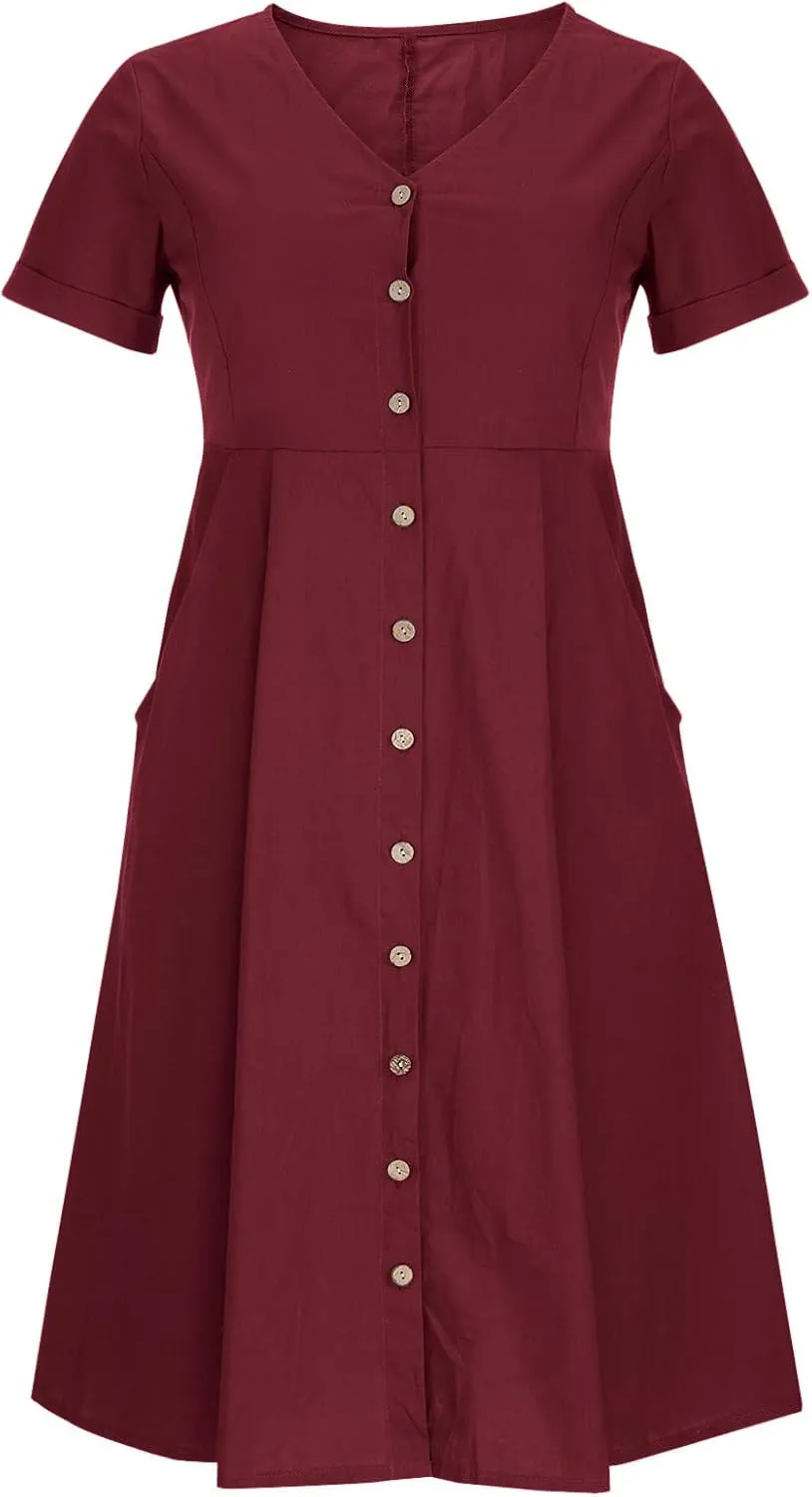 Women Linen Beach Dress Summer Casual Short Sleeve Button Down Long Dress Plus Size Loose Vacation Dress with Pockets