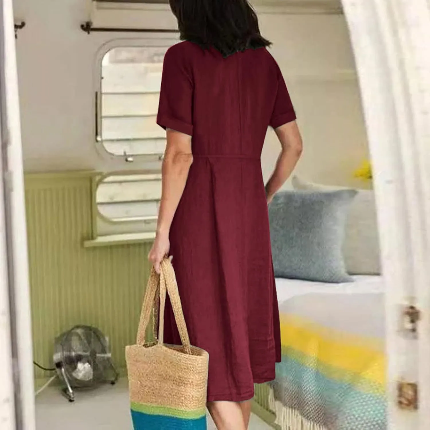 Women Linen Beach Dress Summer Casual Short Sleeve Button Down Long Dress Plus Size Loose Vacation Dress with Pockets