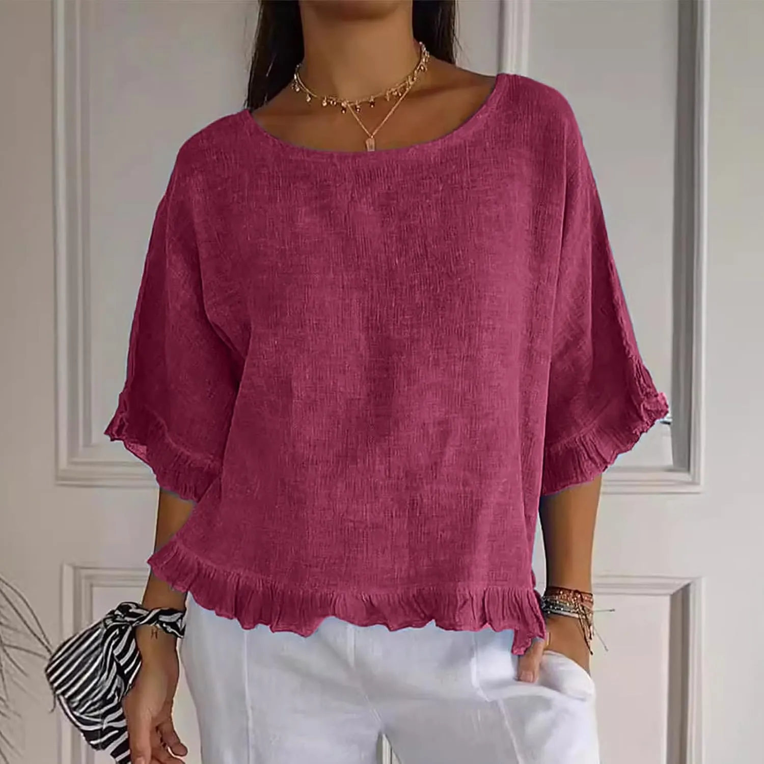 Women Linen Shirts Summer Casual Plus Size Beach Vacation Half Sleeve Gauze Tees Tops Crewneck Cotton Blouses Clothes