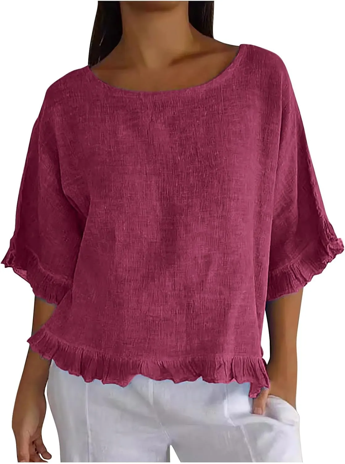 Women Linen Shirts Summer Casual Plus Size Beach Vacation Half Sleeve Gauze Tees Tops Crewneck Cotton Blouses Clothes