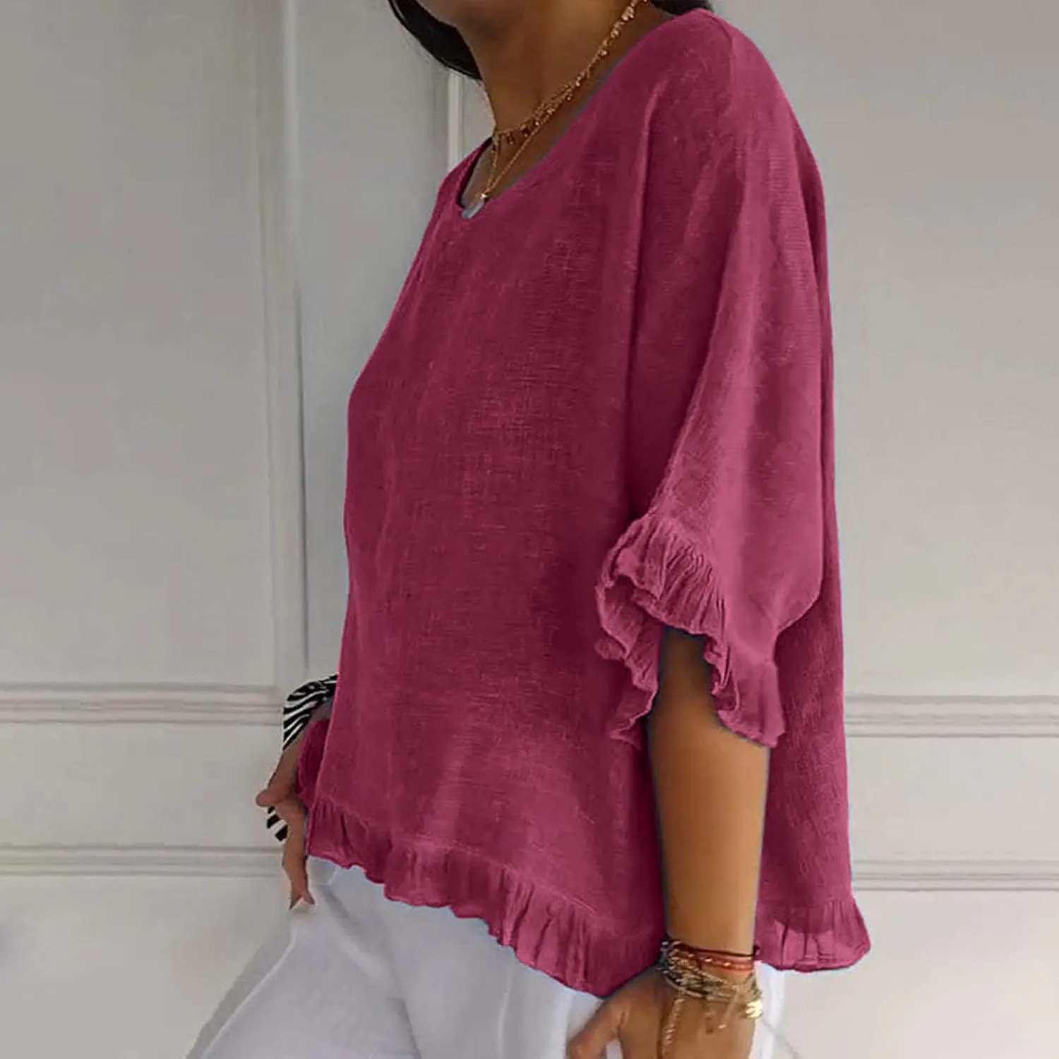Women Linen Shirts Summer Casual Plus Size Beach Vacation Half Sleeve Gauze Tees Tops Crewneck Cotton Blouses Clothes