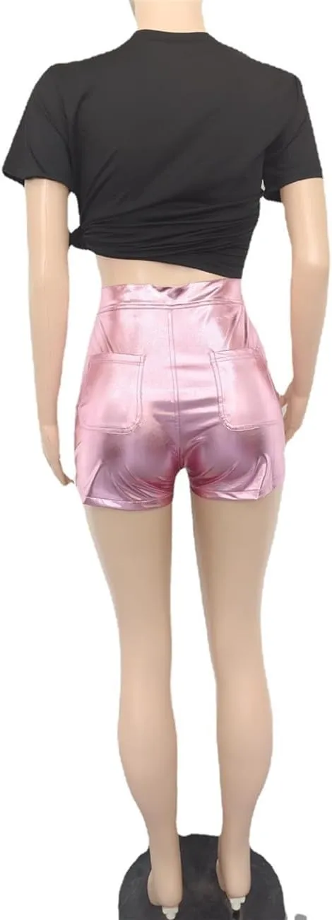 Women Metallic Faux Leather Shorts, Sexy High Waisted Stretch PU Shorts