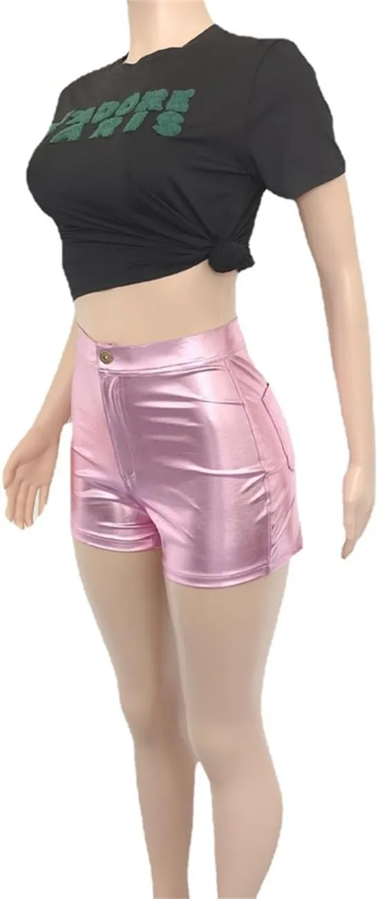 Women Metallic Faux Leather Shorts, Sexy High Waisted Stretch PU Shorts