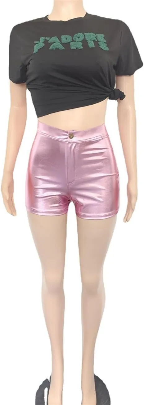 Women Metallic Faux Leather Shorts, Sexy High Waisted Stretch PU Shorts