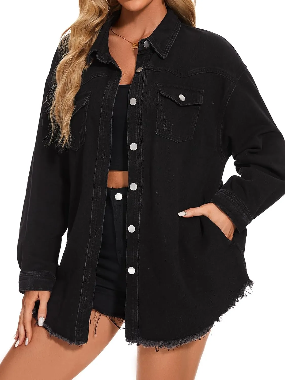 Women Oversized Button Up Denim Long Boyfriend Distresse Jean Jacket Frayed Hem Shacket