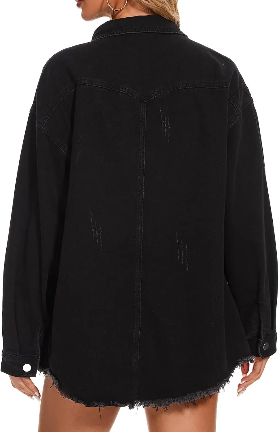 Women Oversized Button Up Denim Long Boyfriend Distresse Jean Jacket Frayed Hem Shacket