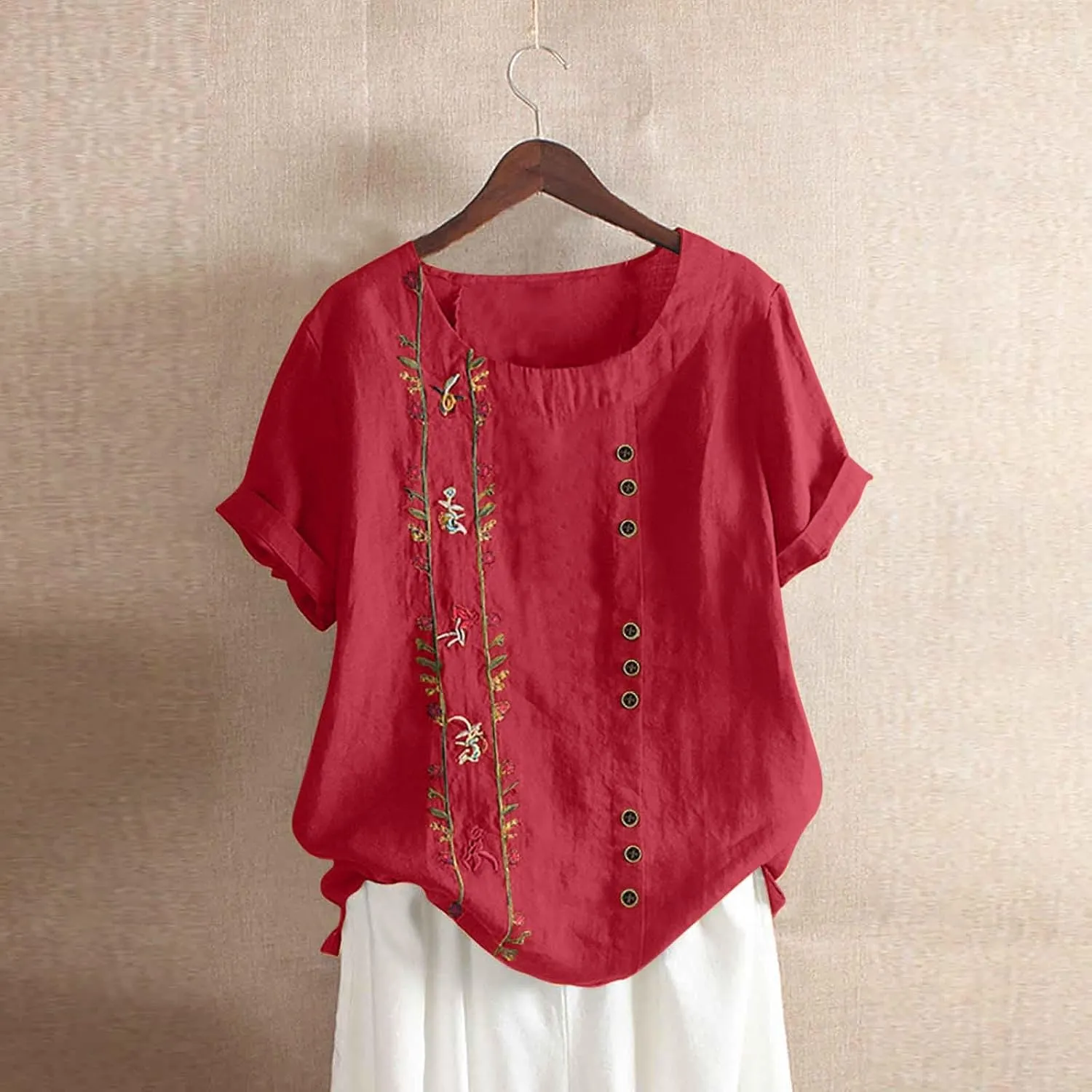 Women Short Sleeve Linen Shirts Floral Print Cotton Blouses Dressy Causal Tunic Tops Trendy Summer Causal Outfits