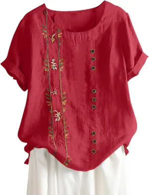 Women Short Sleeve Linen Shirts Floral Print Cotton Blouses Dressy Causal Tunic Tops Trendy Summer Causal Outfits