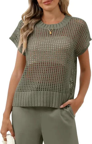 Women Summer Short Sleeve Crochet Sheer Knit Sweater Top Beach Cover Up Hollow Out Sexy See Through T-Shirts