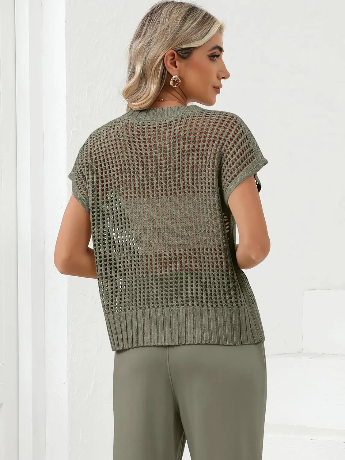 Women Summer Short Sleeve Crochet Sheer Knit Sweater Top Beach Cover Up Hollow Out Sexy See Through T-Shirts