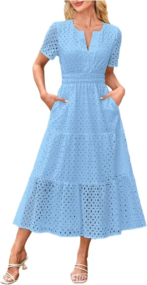 Women Summer Short Sleeve Maxi Dress Casual V Neck Hollow Out Eyelet High Waist Ruffle Swing A Line Flowy Long Dresses