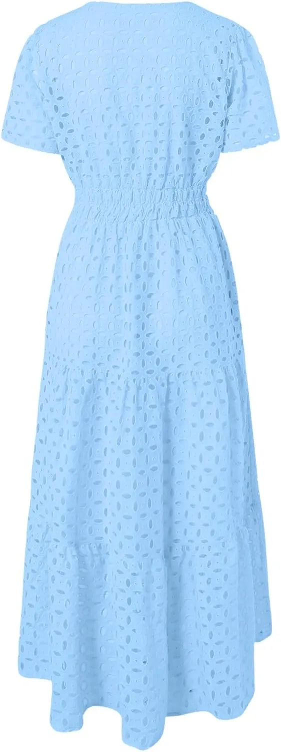 Women Summer Short Sleeve Maxi Dress Casual V Neck Hollow Out Eyelet High Waist Ruffle Swing A Line Flowy Long Dresses
